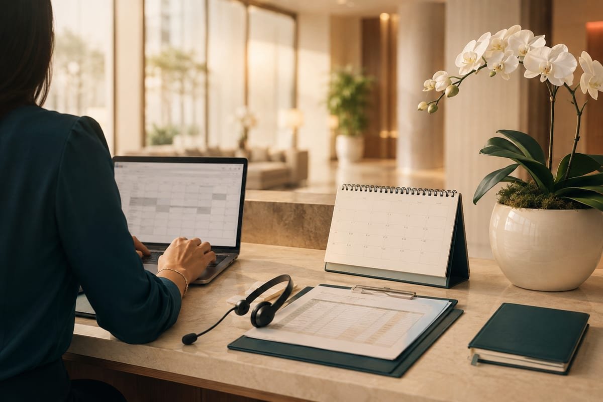 Coordinator working at a bright reception desk with a calendar, headset, and orchids