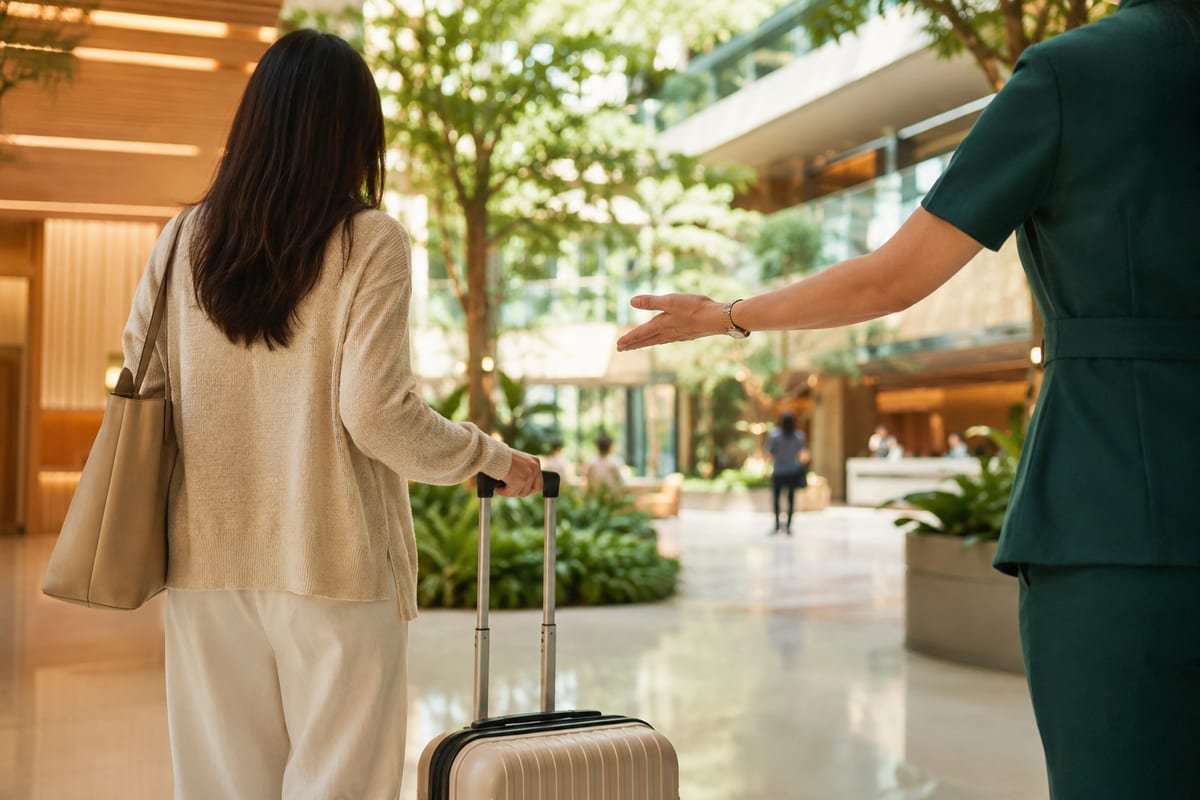 Traveler with a suitcase being welcomed into a Singapore hospital atrium