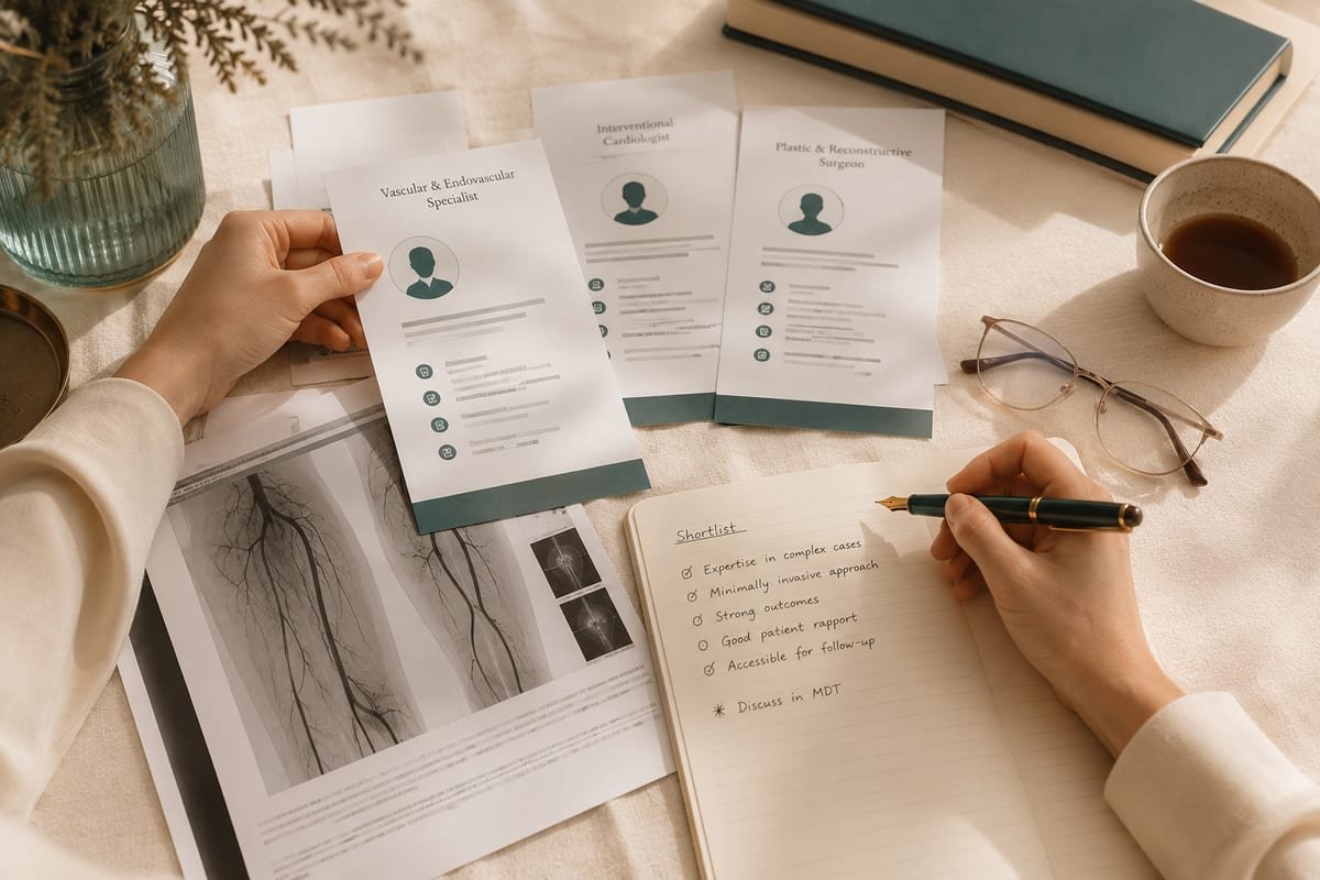 Hands shortlisting specialist profiles in a notebook beside medical scans